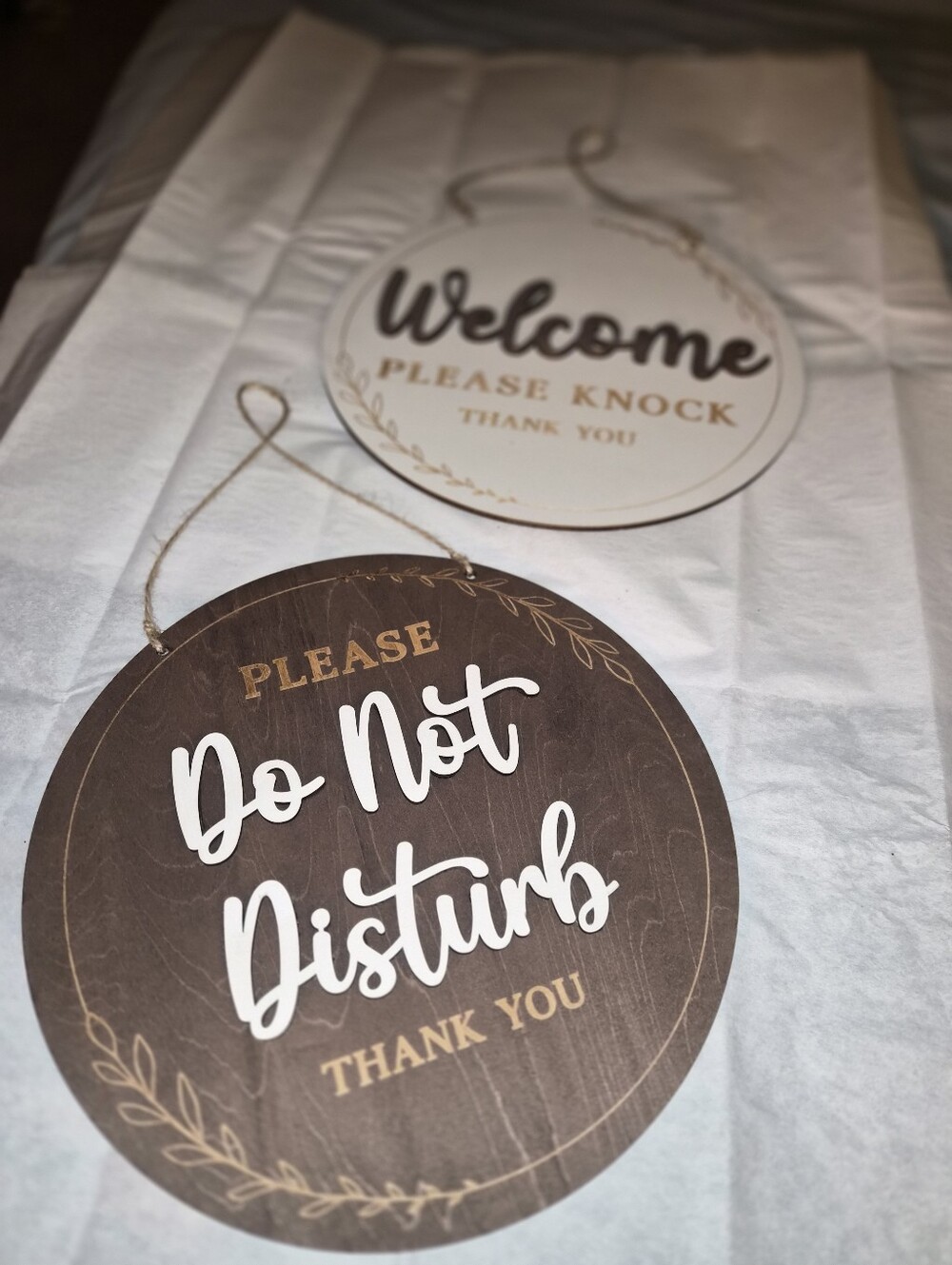 Do Not Disturb & Welcome Round Wooden Door Signs - Brown & White